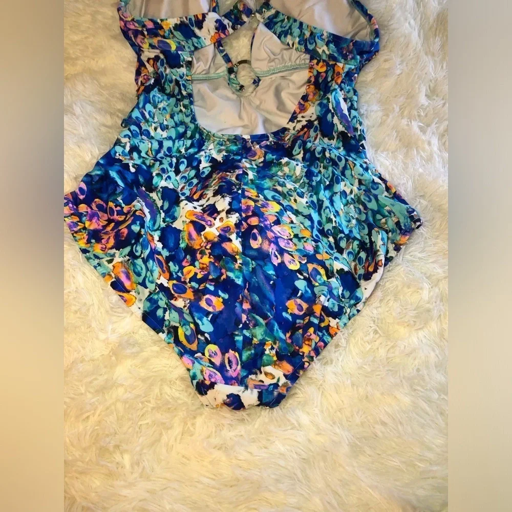 VENUS Blue and Orange One Piece Swimsuit with Plunging V-neckline